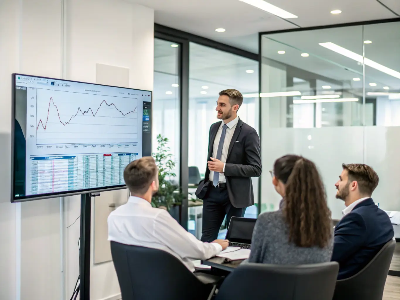 A professional consultant is presenting a digital transformation strategy to a client in a modern office setting, emphasizing a collaborative and insightful approach.