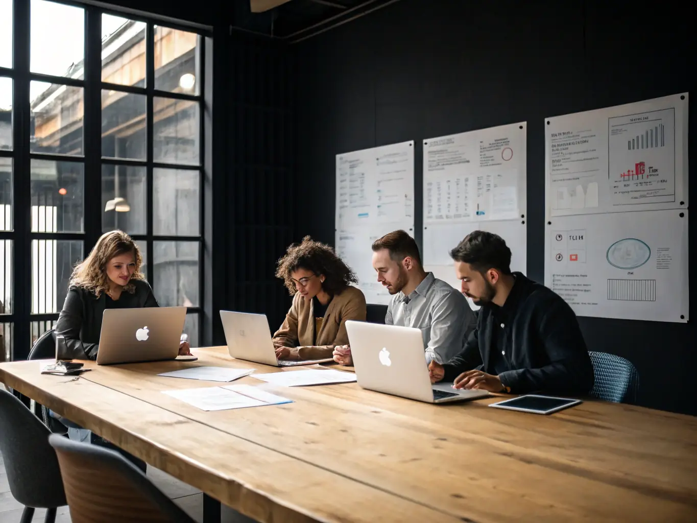 Professionals collaborating over digital devices and software interfaces, implementing new digital tools.