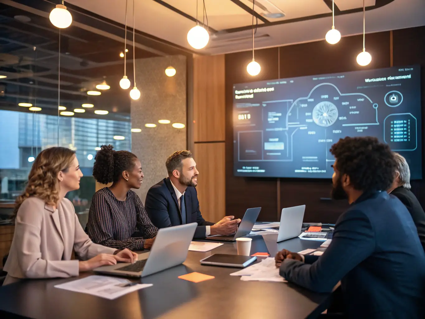An image of professionals collaborating over digital devices and software interfaces, representing Digital Tool Adoption & Modernization.
