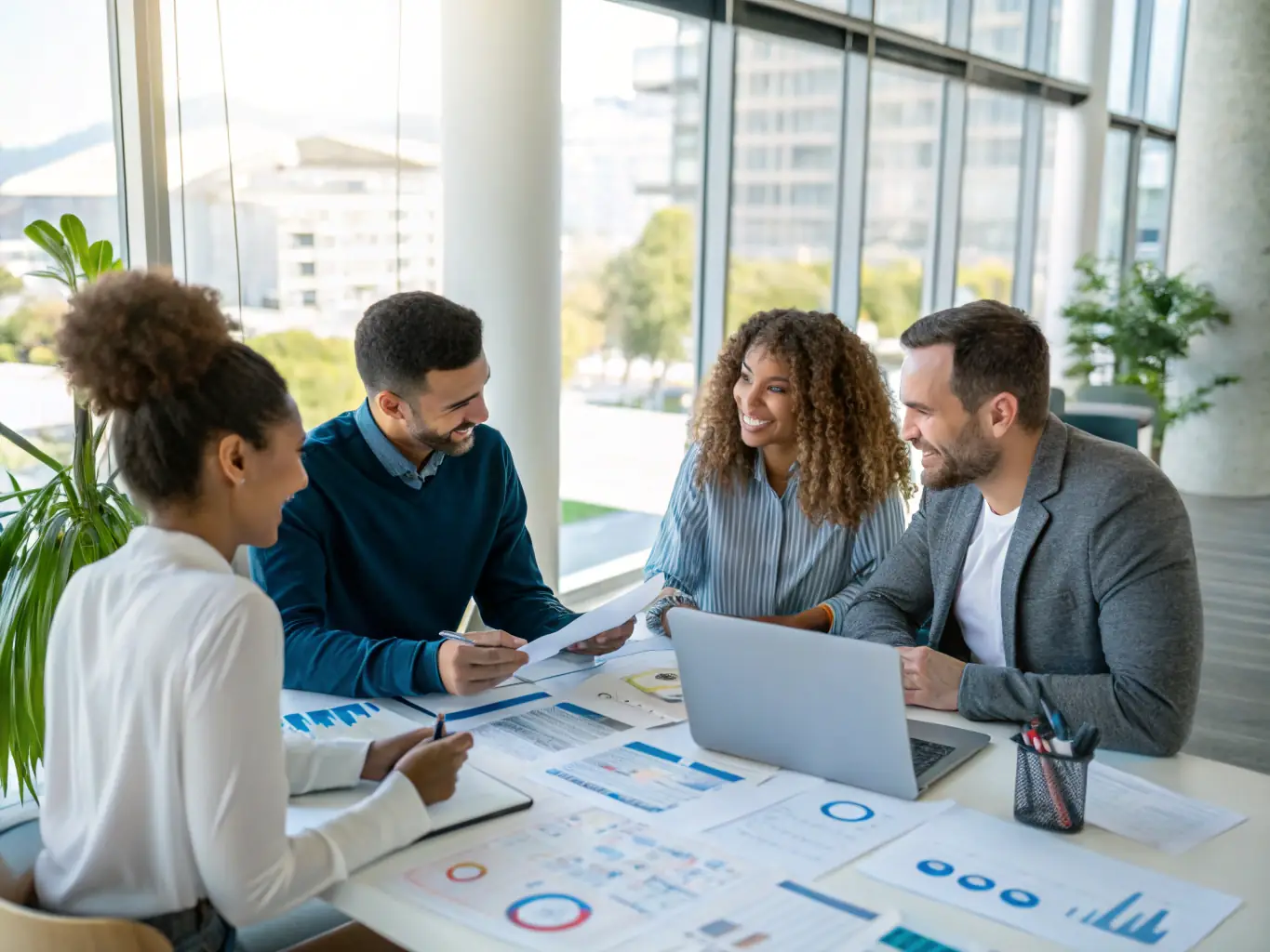 A team of consultants collaborating on a digital strategy plan, reviewing data analytics on a large screen in a modern office environment.
