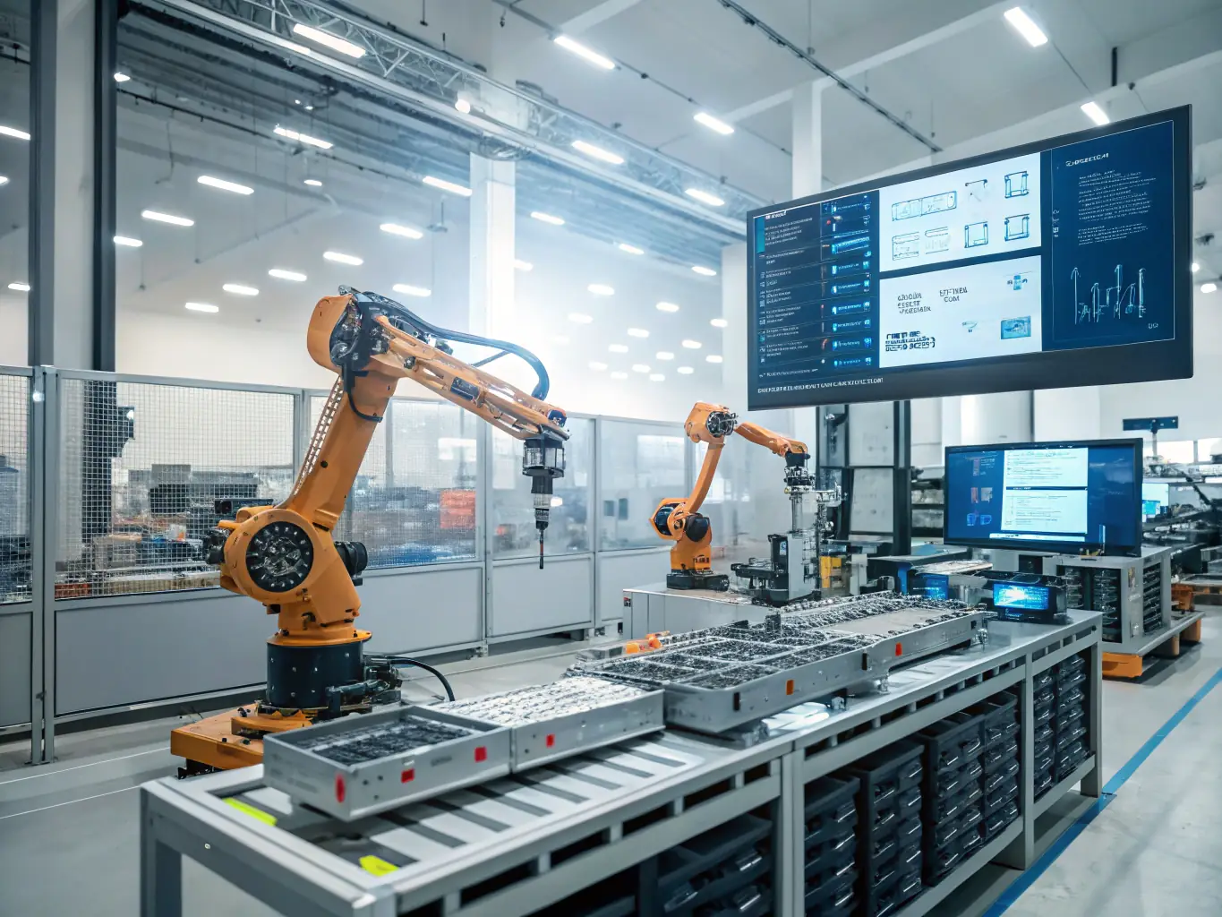 A visual of automated robotic arms working alongside human operators in a modern office setting, symbolizing Process Optimization & Automation.