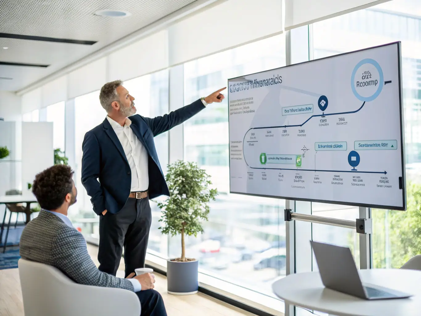 A consultant is presenting a digital strategy roadmap to a client in a modern office setting, emphasizing key milestones and goals.
